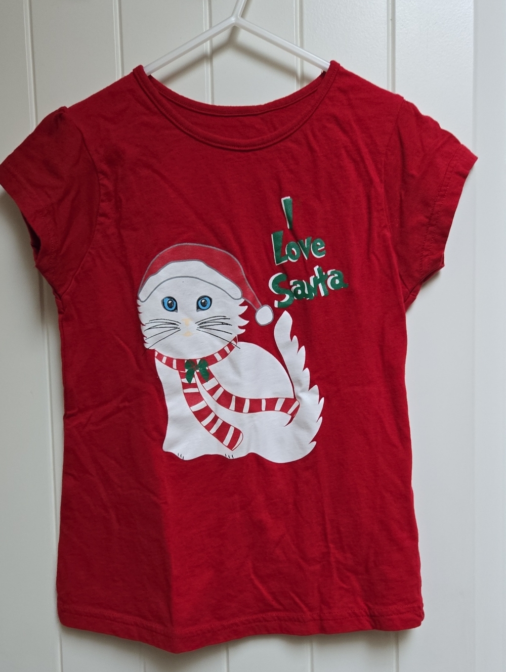 Kids Red 'I Love Santa' Cat Graphic Tee 100% Cotton Medium